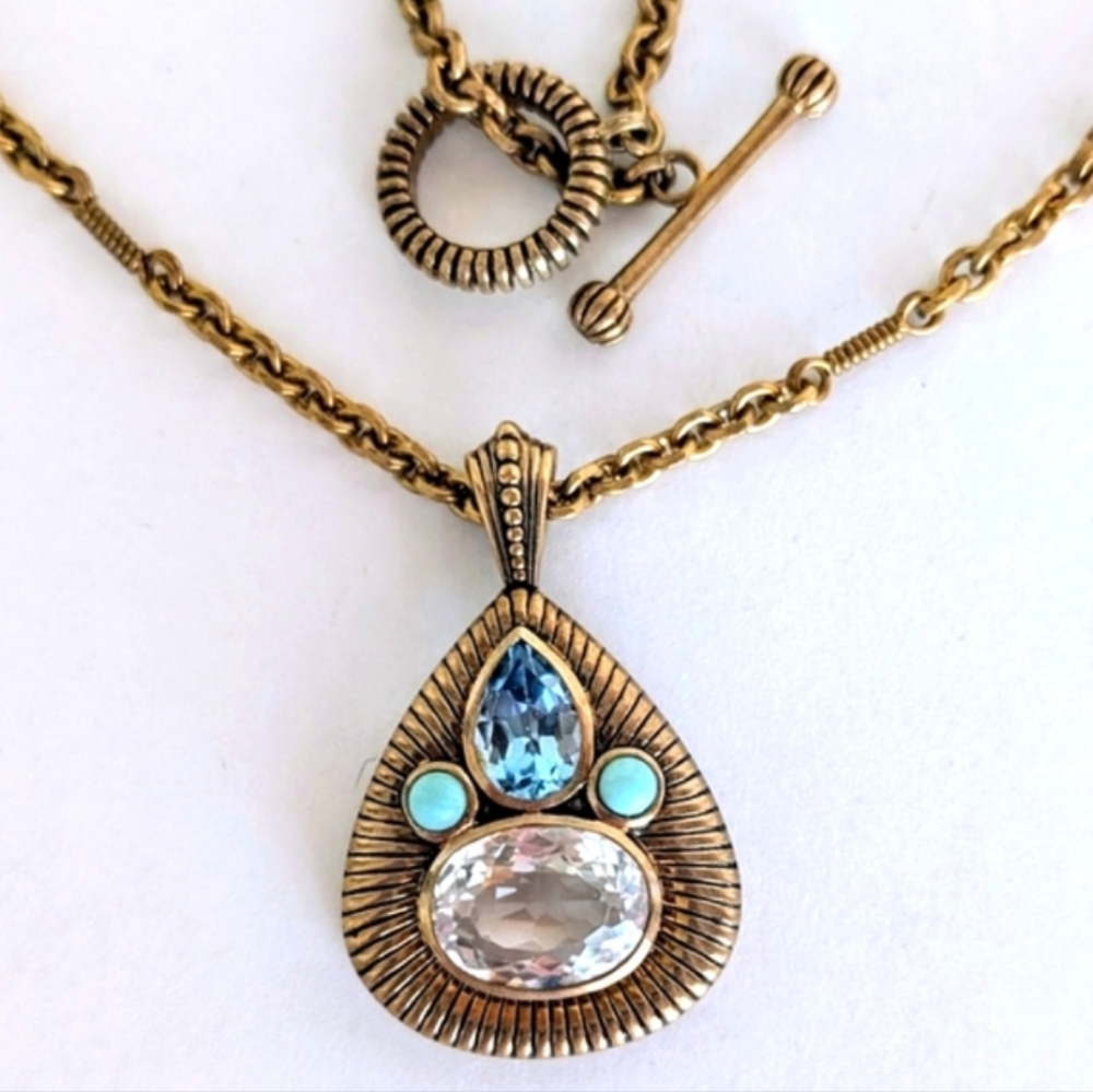 Stephen Dweck EUC Bronze Necklace & Pendant With Blue & White Topaz, Turquoise